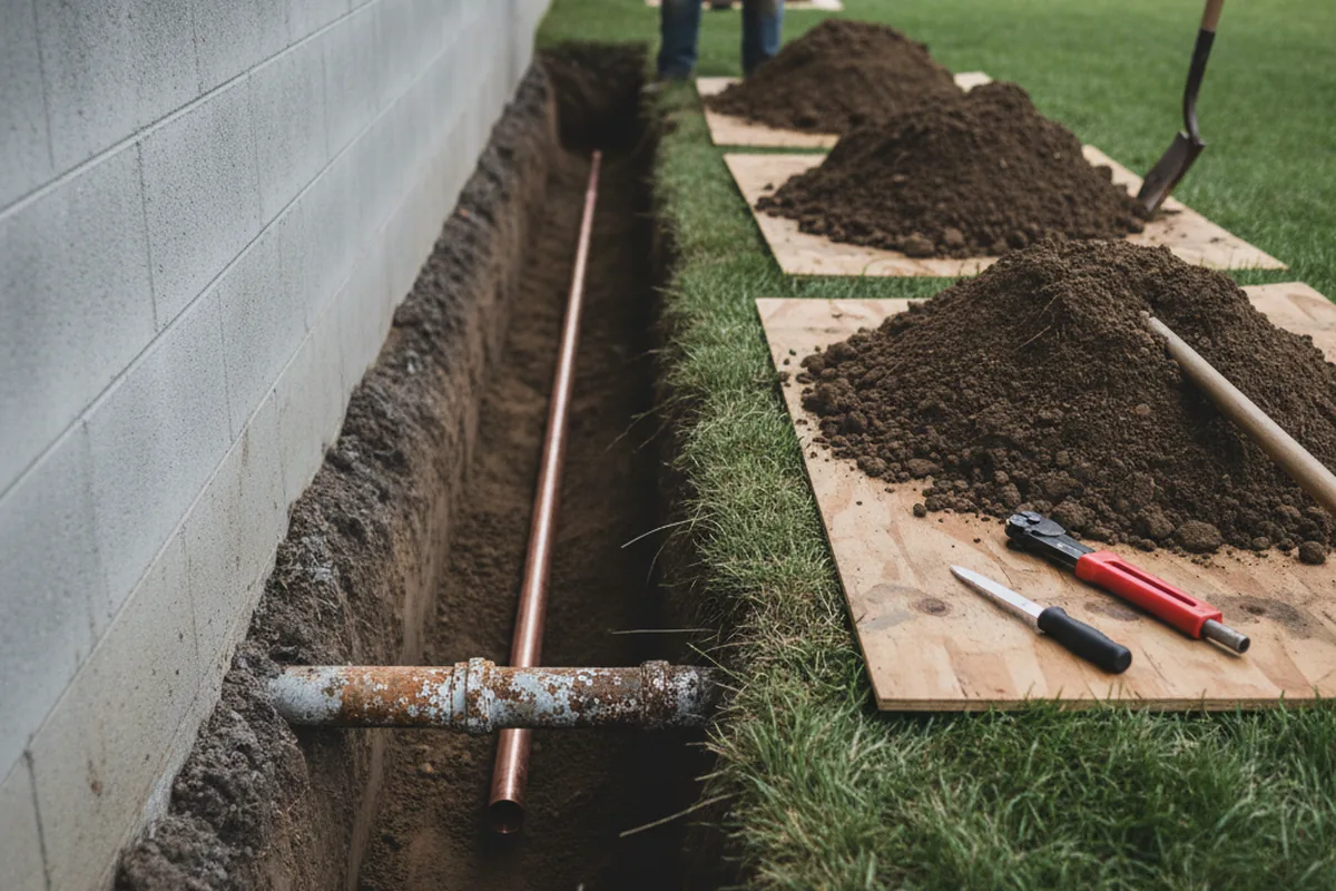 Excavated water line trench during Sewer Line Repair in Coldwater